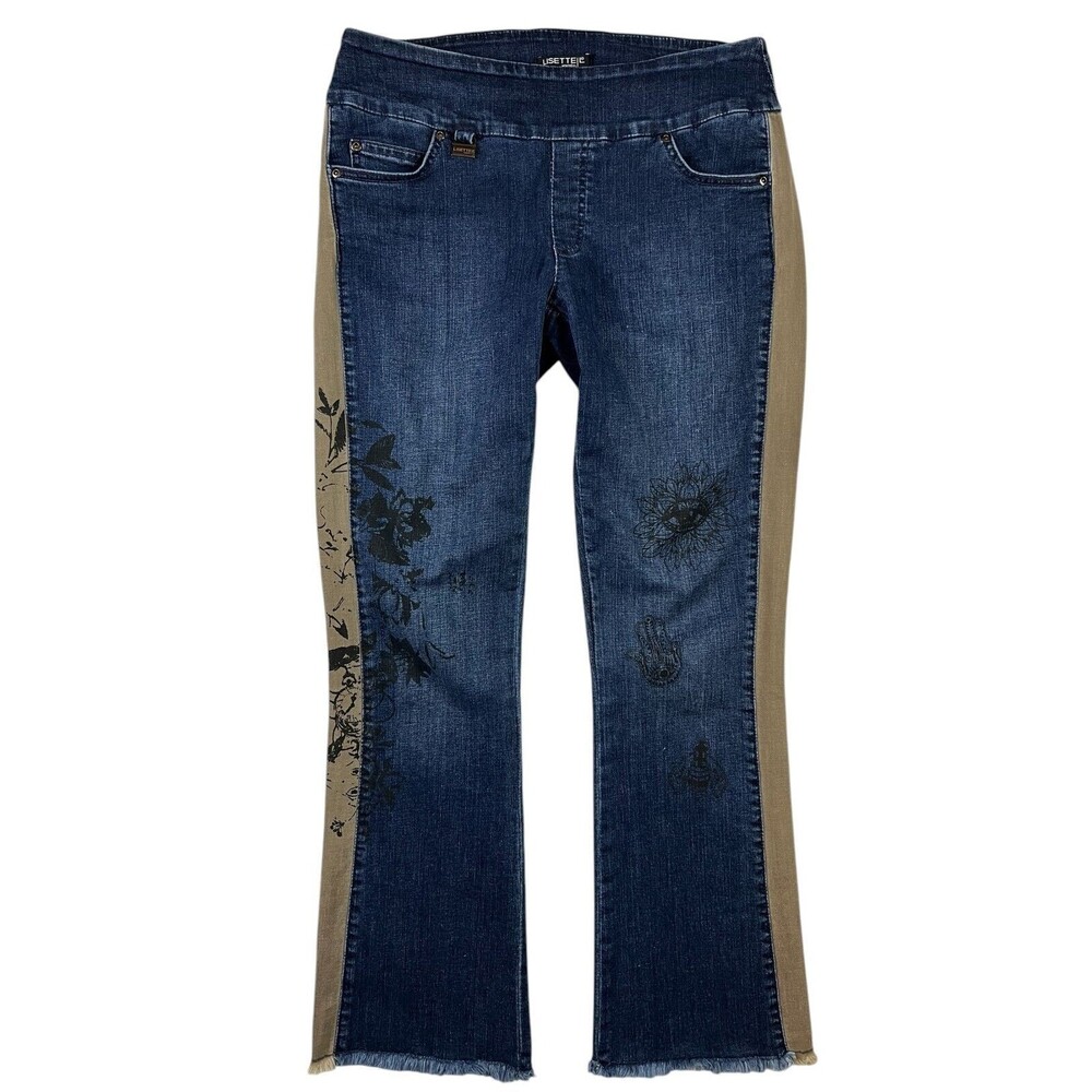 Lisette-L Pull-on Slimming Boot Jeans w Tuxedo Stripe Floral Raw Hem Size 6